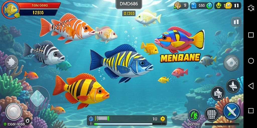 Screenshot DMD686 menunjukkan aksi menembak ikan yang seru.