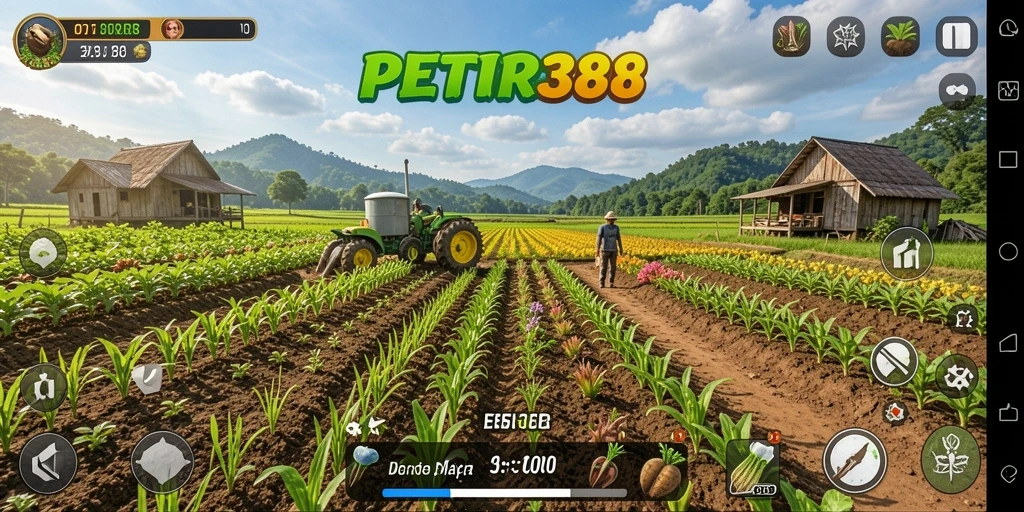Tangkapan layar utama PETIR388 menampilkan suasana ladang yang rimbun dan penuh warna.