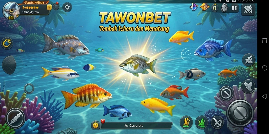 Tampilan gameplay TAWONBET dengan ikan berwarna-warni di lautan.